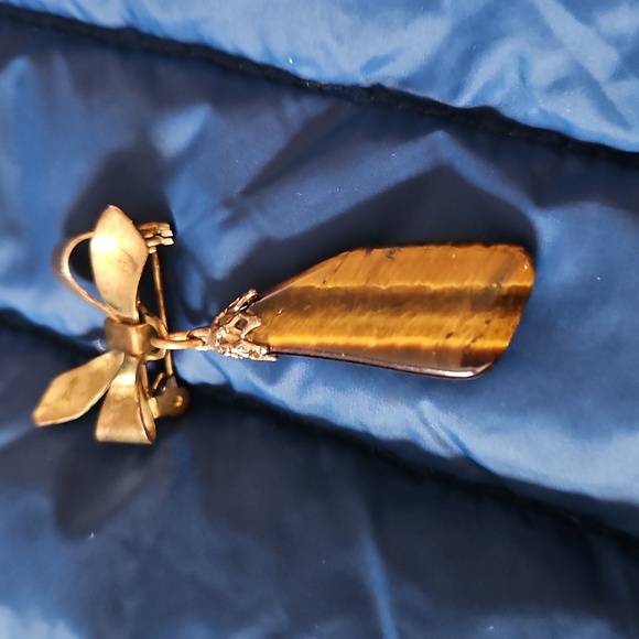 Gold Bow Pendant with Tiger's Eye Charm - Picture 1 of 7